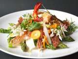 Salade asperges en deux façons et deux couleurs, crevette, prosciutto di Parma