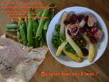 Filet de dinde aux cerises au vinaigre balsamique, asperges et petits pois frais