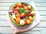 Salade gourmande de melon, cabezada embuchada, mozzarella, pignons et basilic / Yummy melon salad with cabezada embuchada, mozzarella, pine nuts and basil