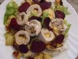 Salade de médaillon de poulet au gouda pommes de terre et chips de betterave