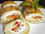 Roulade : omelette roulée au basilic, chèvre frais et petits légumes (pomme de terre, poivron, carotte)