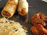 Repas asiatique : nems au porc, nouilles de riz sautées aux légumes et porc caramélisé