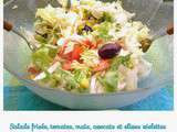 Salade variee : frisee, tomates, avocats, mais et olives violettes