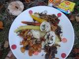 Assiette d'automne pour Coeur de Bouillon : roulé de poulet aux champignons des bois, petits légumes glacés et poêlée de champignons, sauce à la crème
