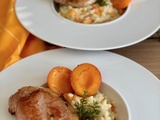 Côtes de porc ibérique rôties et son risotto à l’abricot et au thym