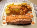 Repas complet rapide:saumon,pdt/chou-fleur/poivrons vapeur,sauce poivron/lardons fumés