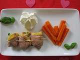 Magret de canard roulé au foie gras et basilic, carottes glacées et chantilly au basilic (spécial St Valentin)