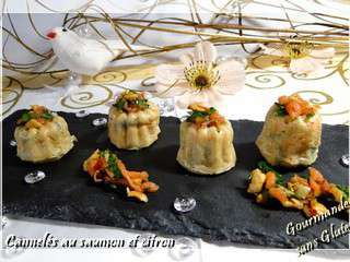 Cannelés au saumon et citron, concassé aux noisettes et miel