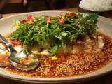 Seabass. 
Perfectly cooked, black sesame, chili and cilantro