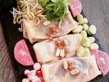 Banh cuon, raviolis-crêpes du Vietnam aux champignons et saucisson à l’ail toulousain