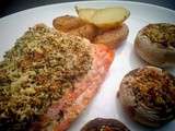 Saumon croûte de parmesan, pommes de terre grenailles, champignons farcis