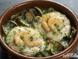 Merlu sauce verte aux palourdes et crevettes. Cuisine espagnole