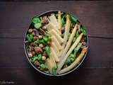 Salade d’asperges, mâche, champignons, lardons, comté et noisettes