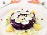 Salade au chocolat blanc, crue et cuite de chou rouge et radis noir