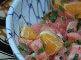 Tartare de saumonà la pêche, à la menthe et au gingembre, aromatisé à l'orange