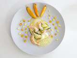 Langoustines duo courgettes-pêches et espuma aux argrumes
