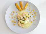 Langoustines duo courgettes-pêches et espuma aux argrumes