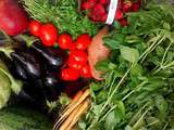 Légumes du marché ... fleur d'aubergine ... pommes de terre et pain plat au basilic