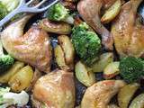 Cuisses de poulet au four, pommes de terre et brocolis