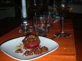 Dîner 1: Aujourd’hui c’est moi qui cuisine!Pêches caramélisées avec mousse au chocolat piquant et praliné maison