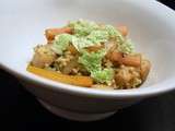Wok de chou chinois, carottes, poulet et perles de pâte au gingembre / curry / miel