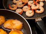 Crevettes sautées à l’absinthe, mangue poêlée au Porto