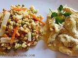 Emincé de poulet exotique et risotto de blé et julienne de légumes