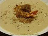 Velouté de topinambours, châtaignes et gambas panées