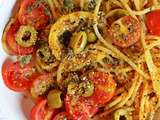 Spaghetti aux olives, citron et origan - chapelure de pistaches