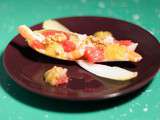 Barquette d’endive : crevettes, noix, pamplemousse, mayonnaise au miel