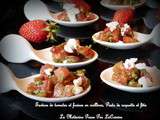 Cuillères apéritives : tartare de tomates, fraises, pesto de roquette et fêta