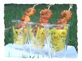 Verrines mangue - coriandre et brochette de crevettes curry-sésame