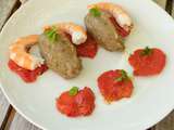 Salade de crevettes, tomates confites aux herbes de Provence et son caviar d’aubergine