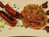 Asiiette de petits chorizo aux spaghetti et tomates séchées