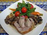 Epaule d'agneau rôtie, méli mélo de légumes, sauce à l'olive, basilic et chèvre frais