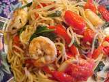 Spaghettini Viviane aux crevettes, vin blanc et légumes