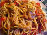 Spaghetti sauce au poivron, champignons, tomates, vin blanc et vinaigre balsamique