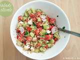 Salade quinoa/boulgour, féta, oignonx nouveaux, radis, concombre, pastèque et menthe