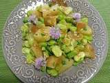 Salade de fèves, pommes de terre tièdes et fleur de ciboulette