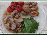 Rôti de veau aux champignons, tomates confites, petites rattes soufflees