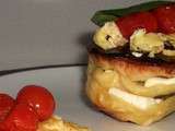 Mille-feuilles à la feta, aux tomates enrobées de miel et au basilic