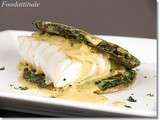 Cabillaud sur blinis épinards, sauce curry