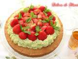 Tarte aux fraises et mousseline pistache sur sablé breton