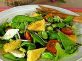 Salade de fèves, pousses d’épinards et polenta épicée grillée