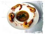 Soupe chinoise et gambas grillées au miel et paprika