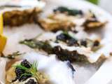 Huîtres en gelées au caviar, velouté de fanes de radis