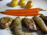Filet de cailles au Xérès, échalotes caramélisées et carottes glacées