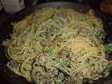 Spaghettis aux épinards, lardons et champignons