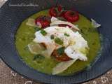 Soupe froide de pois et haricots verts - Toast aillé et œuf poché