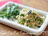 Salade de quinoa aux petits pois, fèves, roquette et graines de